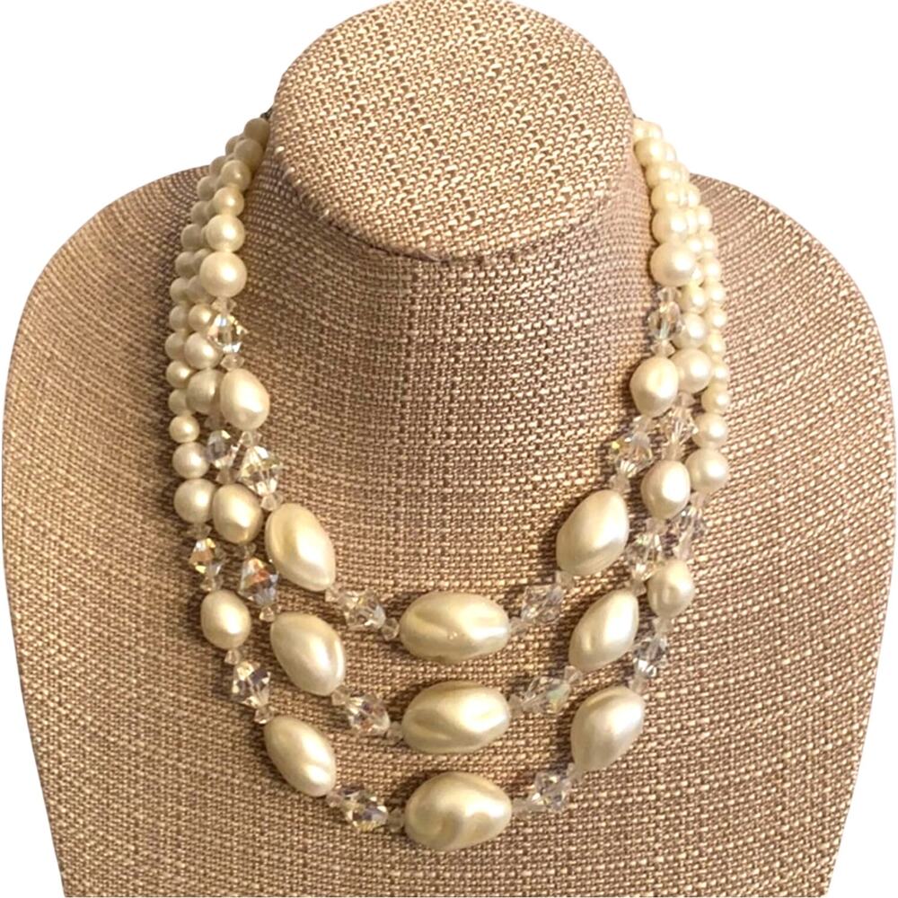 Vintage White Multi Strand Choker Necklace pearl finish beads & faceted crystals